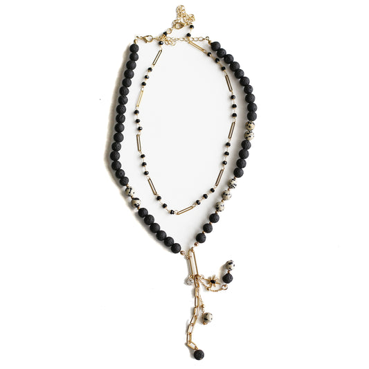 Women Gold-Plated Boho Layered Necklace Set 2Pcs, Black Beads with Chain Links, Jasper & Lava Stone with Stone & Star Pendant, Bohemian Style Trendy & Adjustable Elegant Fashion Jewelry