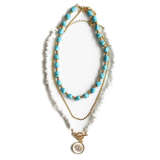 Women Gold-Plated Boho Layered Necklace Set 3Pcs, Blue Turquoise Stone, Chain, Moonstone with Eye Pendant, Bohemian Style Trendy & Adjustable Elegant Fashion Jewelry