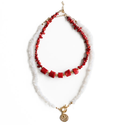 Women Gold-Plated Boho Layered Necklace Set 2 Pcs, Red Coral, Moonstone with Round Pendant, Bohemian Style Trendy & Adjustable Elegant Fashion Jewelry