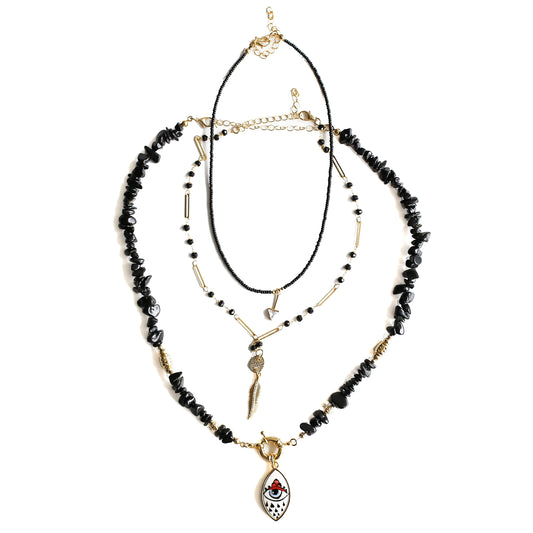 Women Gold-Plated Boho Layered Necklace Set 3Pcs, Black Bead with Triangle Pendant, Beads with Leaf Pendant, Onyx with Eye Pendant, Bohemian Trendy & Adjustable Stylish Fashion Jewelry