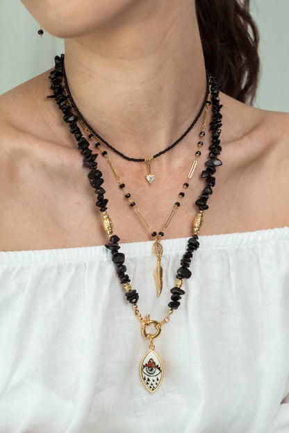 Women Gold-Plated Boho Layered Necklace Set 3Pcs, Black Bead with Triangle Pendant, Beads with Leaf Pendant, Onyx with Eye Pendant, Bohemian Trendy & Adjustable Stylish Fashion Jewelry