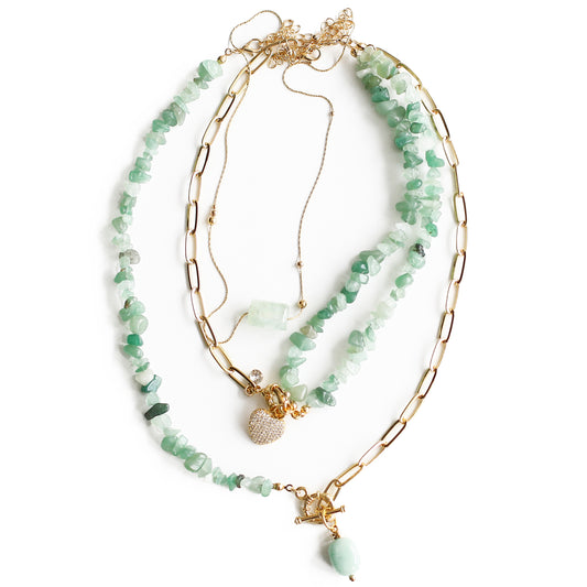Women Gold-Plated Boho Layered Necklace Set 3Pcs, Chain with Stone, Half Chain & Aventurine with Heart Pendant, Half Chain & Aventurine with Stone Pendant, Trendy & Adjustable Stylish Fashion Jewelry