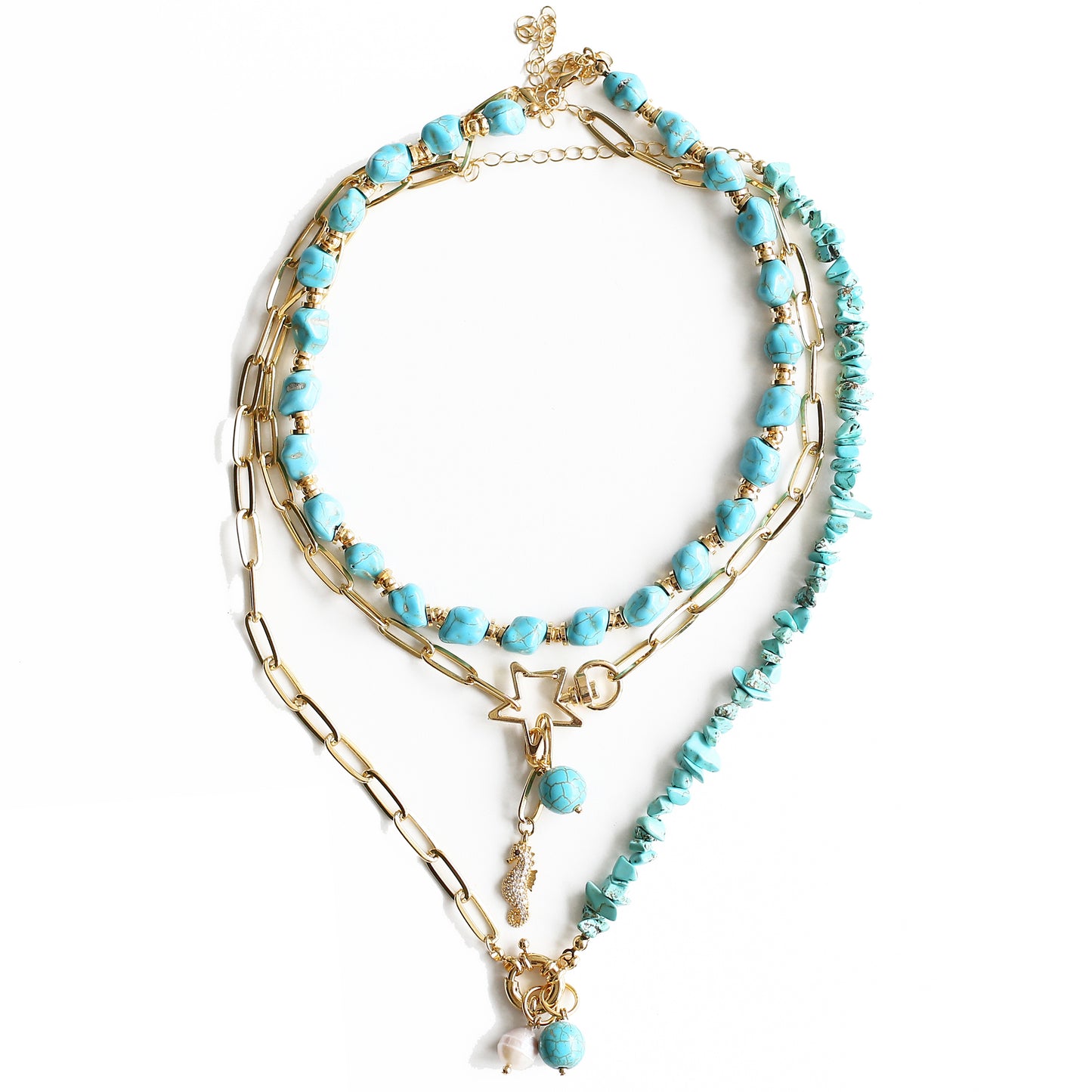 Women Gold-Plated Boho Layered Necklace Set 3Pcs, Turquoise Stone, Link Chain with Seahorse & Stone Pendant, Half Chain & Turquoise with Beads, Bohemian Style Trendy & Adjustable Fashion Jewelry
