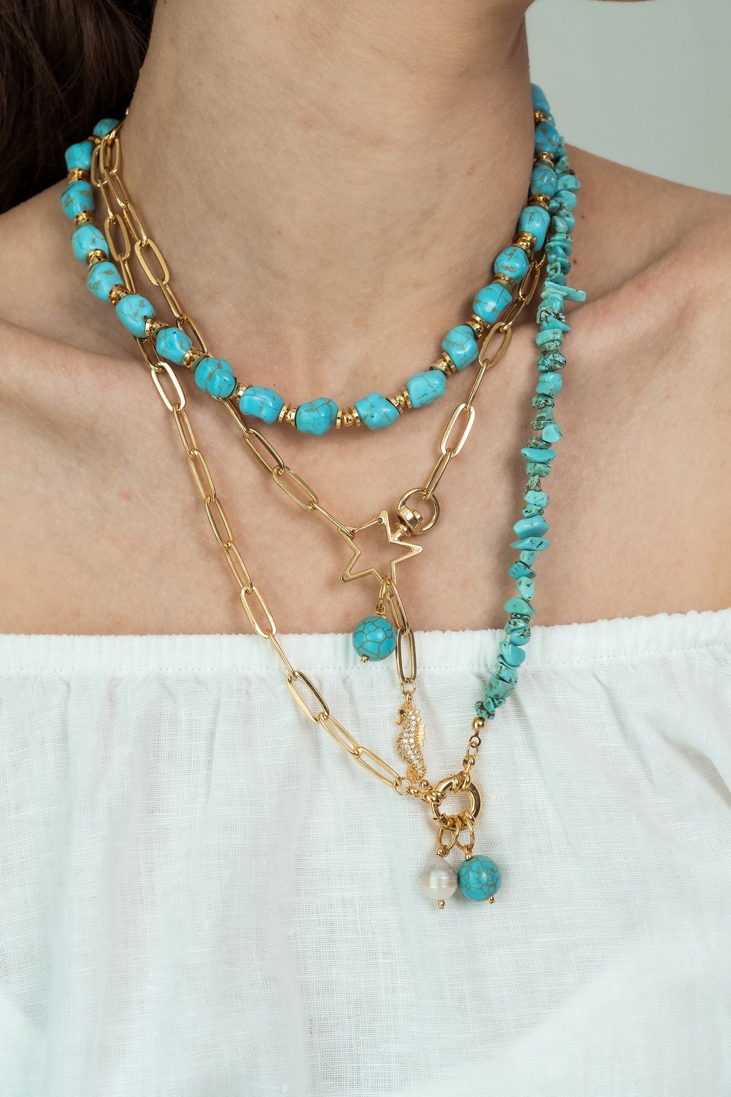 Women Gold-Plated Boho Layered Necklace Set 3Pcs, Turquoise Stone, Link Chain with Seahorse & Stone Pendant, Half Chain & Turquoise with Beads, Bohemian Style Trendy & Adjustable Fashion Jewelry
