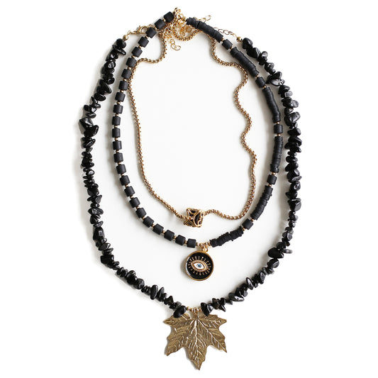 Women Gold-Plated Boho Layered Necklace Set 3Pcs, Rolo Chain with Cages Stone, Black Beads with Eye Pendant, Onyx with Leaf Pendant, Bohemian Style Trendy & Adjustable Elegant Fashion Jewelry