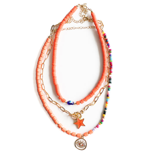 Women Gold-Plated Boho Layered Necklace Set 3Pcs, Flat Round Beads & Evil Eye Bead, Link Chain & Star Pendant, Multi-Color Beads & Eye Pendant, Bohemian Style Trendy & Adjustable Fashion Jewelry