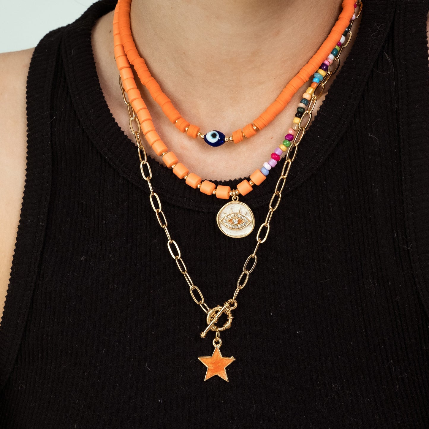 Women Gold-Plated Boho Layered Necklace Set 3Pcs, Flat Round Beads & Evil Eye Bead, Link Chain & Star Pendant, Multi-Color Beads & Eye Pendant, Bohemian Style Trendy & Adjustable Fashion Jewelry