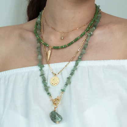 Women Gold-Plated Boho Layered Necklace Set 4Pcs, Chain & Drop Pendant, Beads & Leaf Pendant, Chain & Eye Pendant, Aventurine with Stone Pendant, Bohemian Style Trendy & Adjustable Fashion Jewelry