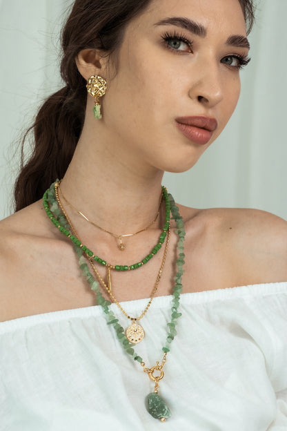 Women Gold-Plated Boho Layered Necklace Set 4Pcs, Chain & Drop Pendant, Beads & Leaf Pendant, Chain & Eye Pendant, Aventurine with Stone Pendant, Bohemian Style Trendy & Adjustable Fashion Jewelry