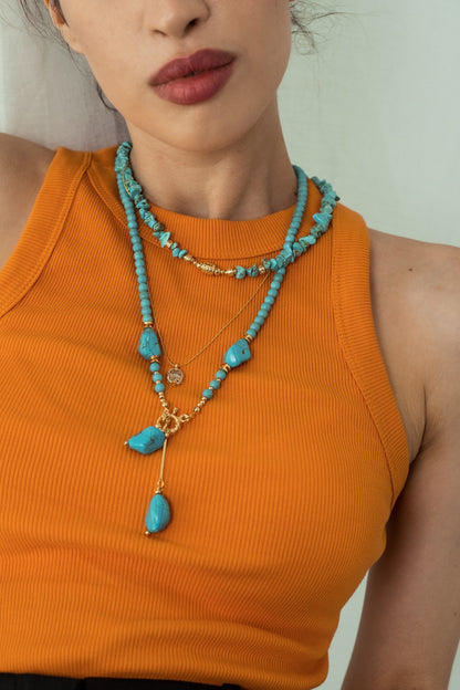 Women Gold-Plated Boho Layered Necklace Set 3Pcs, Turquoise with Beads, Chain with Baguette Pendant, Turquoise Stone Y-Necklace & Stone Pendant, Bohemian Style Trendy & Adjustable Fashion Jewelry