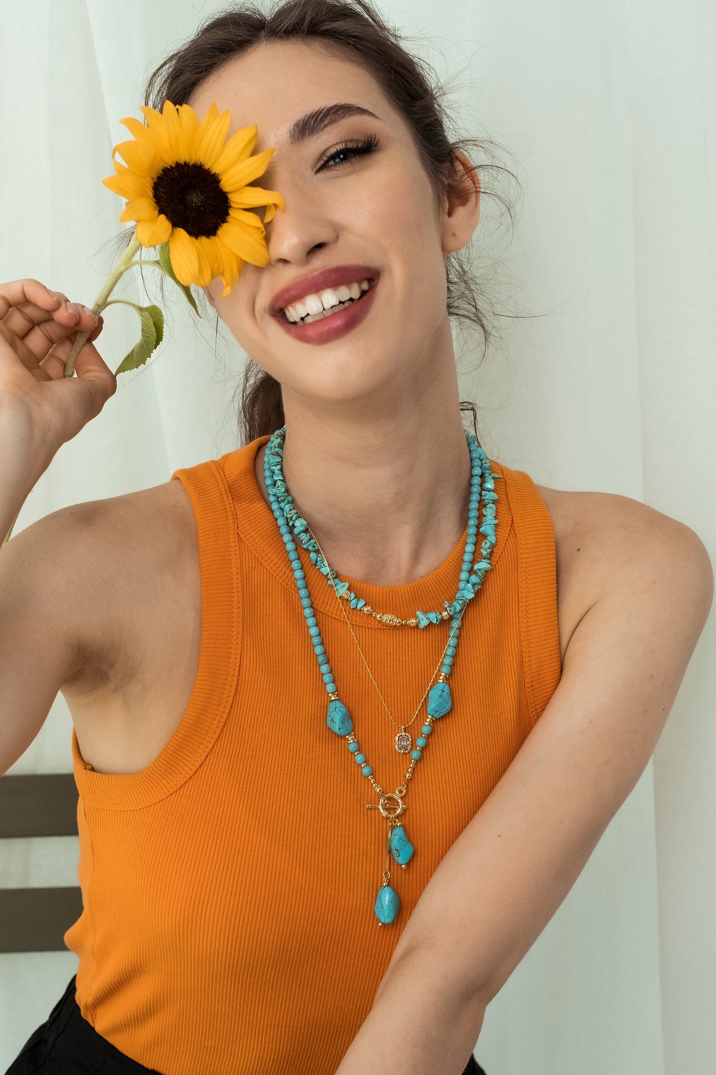 Women Gold-Plated Boho Layered Necklace Set 3Pcs, Turquoise with Beads, Chain with Baguette Pendant, Turquoise Stone Y-Necklace & Stone Pendant, Bohemian Style Trendy & Adjustable Fashion Jewelry
