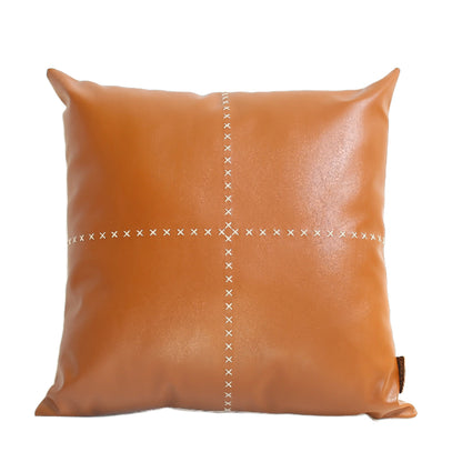Boho Embroidered Throw Pillow 18" x 18" Vegan Faux Leather Solid Brown & Beige Square for Couch, Bedding