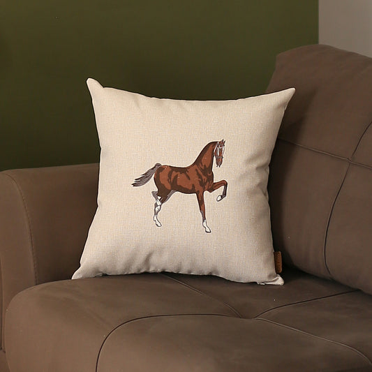 Boho Embroidered Horse Throw Pillow 18" x 18" Solid Beige & Brown Square for Couch, Bedding