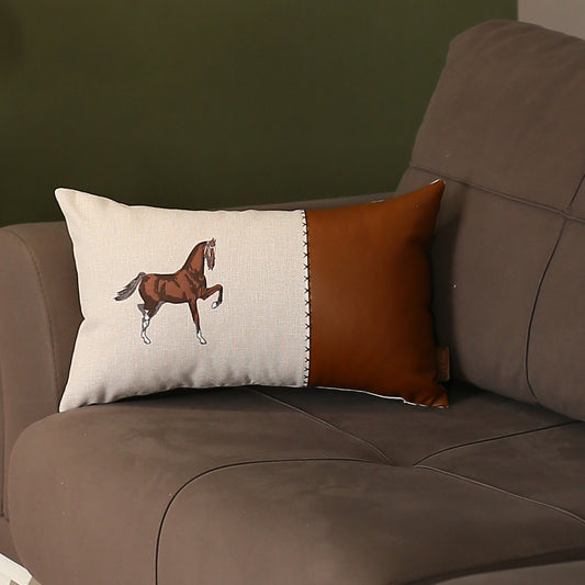 Boho Embroidered Horse Throw Pillow 12" x 20" Vegan Faux Leather Solid Beige & Brown Lumbar for Couch, Bedding