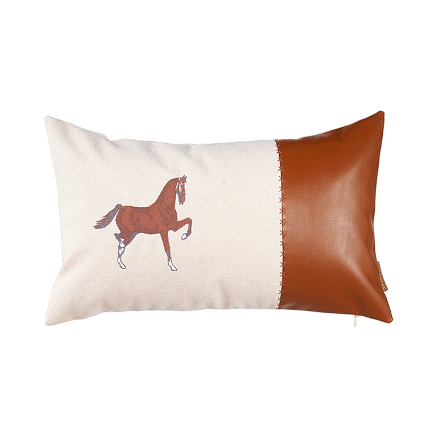 Boho Embroidered Horse Throw Pillow 12" x 20" Vegan Faux Leather Solid Beige & Brown Lumbar for Couch, Bedding