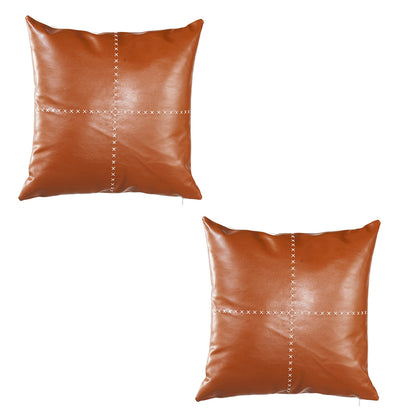 Boho Embroidered Set of 2 Throw Pillow 18" x 18" Vegan Faux Leather Solid Beige & Brown Square for Couch, Bedding