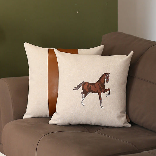 Boho Embroidered Horse Set of 2 Throw Pillow 18" x 18" Vegan Faux Leather Solid Beige & Brown Square for Couch, Bedding
