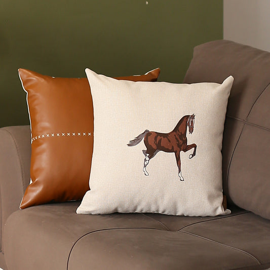 Boho Embroidered Horse Set of 2 Throw Pillow 18" x 18" Vegan Faux Leather Solid Beige & Brown Square for Couch, Bedding