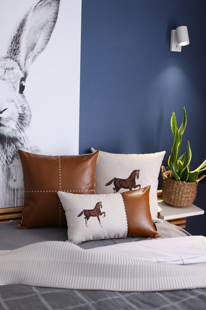 Boho Embroidered Horse Set of 2 Throw Pillow 18" x 18" Solid Beige & Brown Square for Couch, Bedding