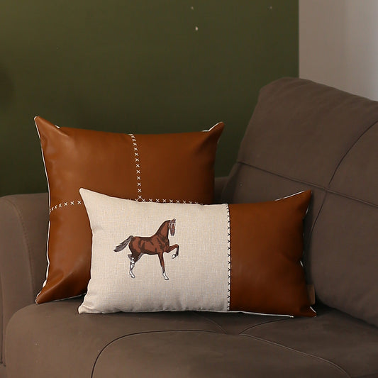 Boho Embroidered Horse Set of 2 Throw Pillow 12" x 20" & 18" x 18" Vegan Faux Leather Solid Beige & Brown for Couch, Bedding
