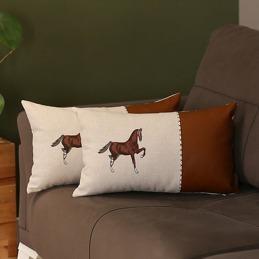 Boho Embroidered Horse Set of 2 Throw Pillow 12" x 20" Vegan Faux Leather Solid Beige & Brown Lumbar for Couch, Bedding