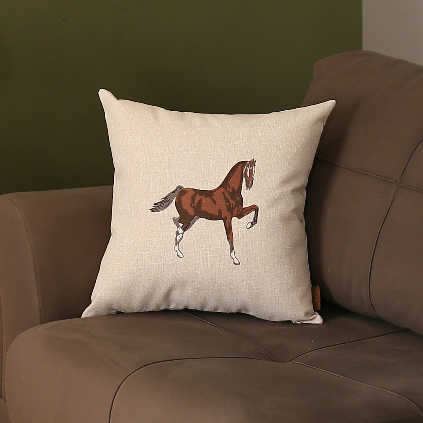 Boho Embroidered Horse Set of 3 Throw Pillow 12" x 20" & 18" x 18" Vegan Faux Leather Solid Beige & Brown for Couch, Bedding