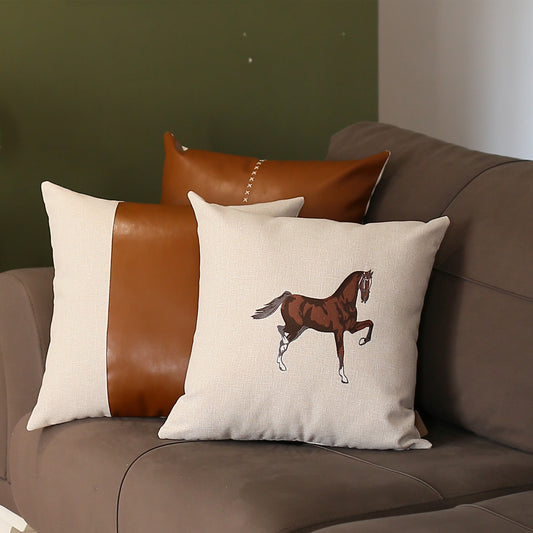 Boho Embroidered Horse Set of 3 Throw Pillow 18" x 18" Vegan Faux Leather Solid Beige & Brown Square for Couch, Bedding