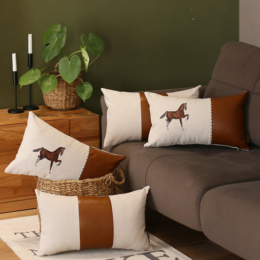 Boho Embroidered Horse Set of 4 Throw Pillow 12" x 20" Vegan Faux Leather Solid Beige & Brown Square for Couch, Bedding