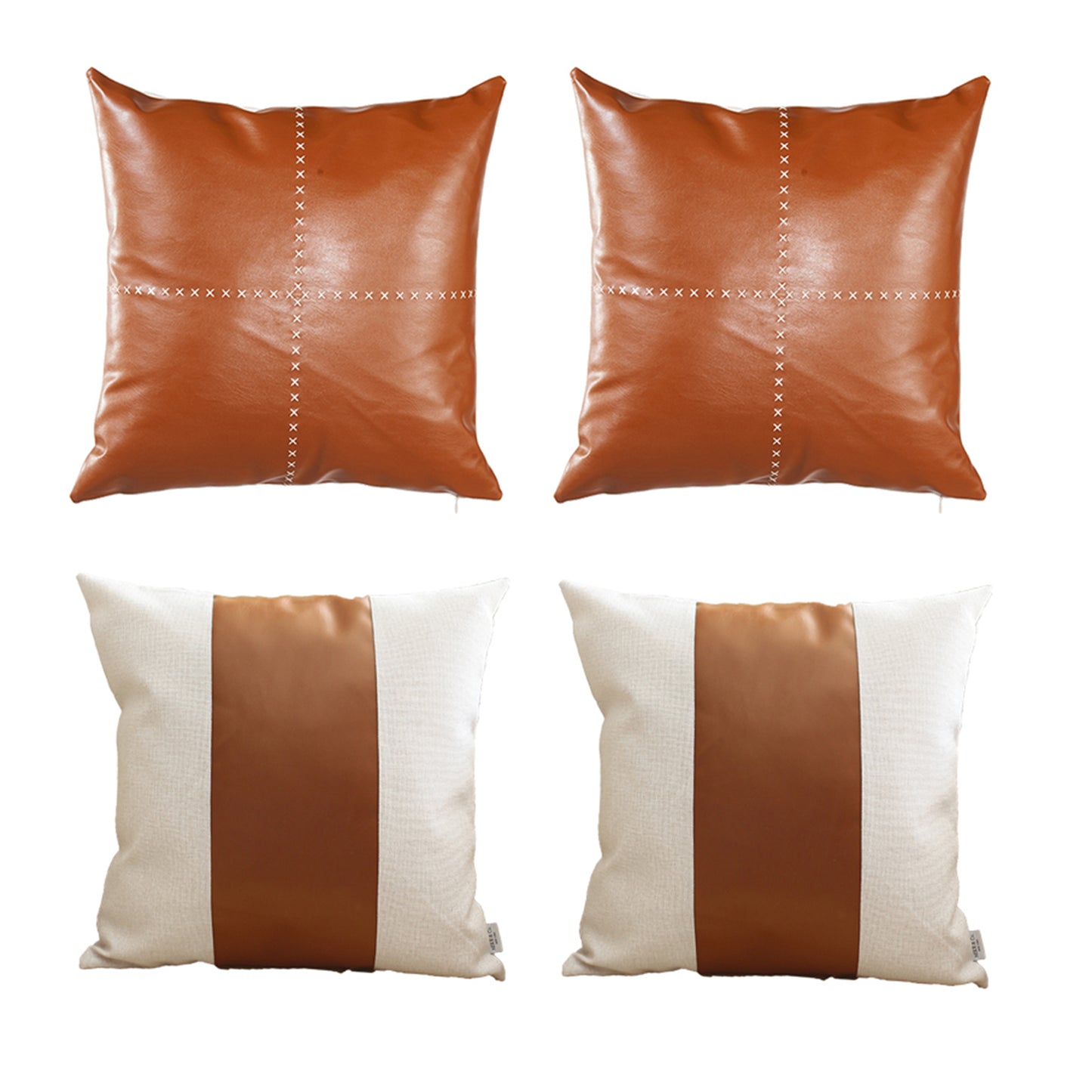 Boho Embroidered Set of 4 Throw Pillow 18" x 18" Vegan Faux Leather Solid Beige & Brown Square for Couch, Bedding