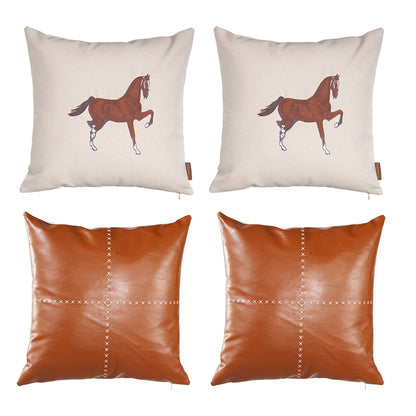 Boho Embroidered Horse Set of 4 Throw Pillow 18" x 18" Vegan Faux Leather Solid Beige & Brown Square for Couch, Bedding