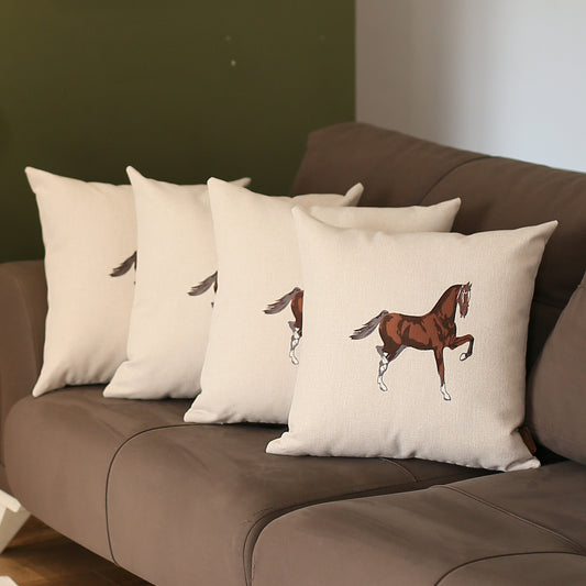 Boho Embroidered Horse Set of 4 Throw Pillow 18" x 18" Solid Beige & Brown Square for Couch, Bedding