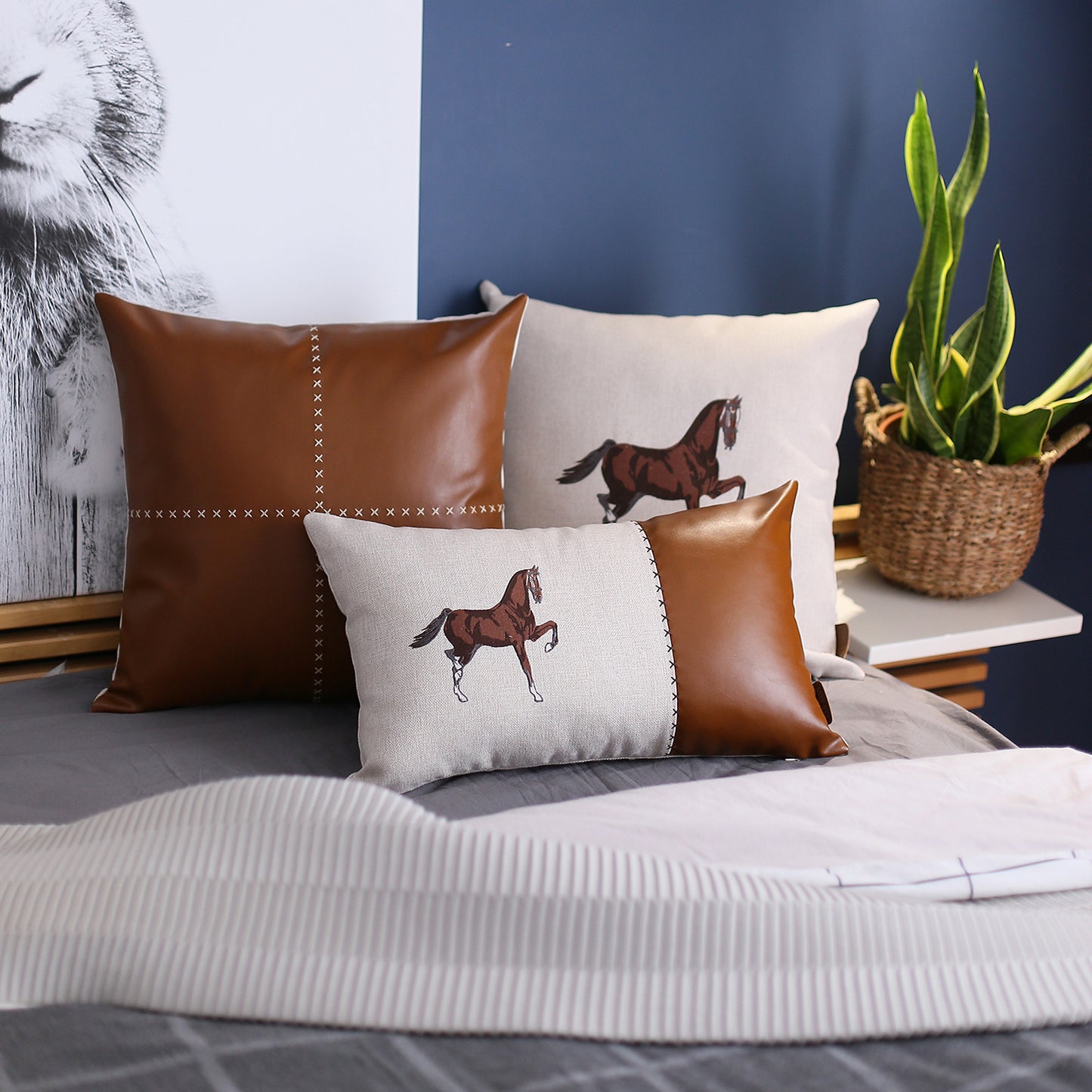 Boho Embroidered Horse Set of 4 Throw Pillow 18" x 18" Solid Beige & Brown Square for Couch, Bedding