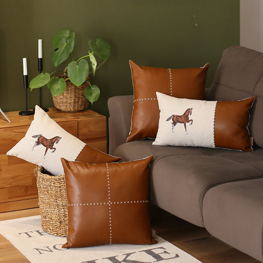 Boho Embroidered Horse Set of 4 Throw Pillow 12" x 20" & 18" x 18" Vegan Faux Leather Solid Beige & Brown for Couch, Bedding