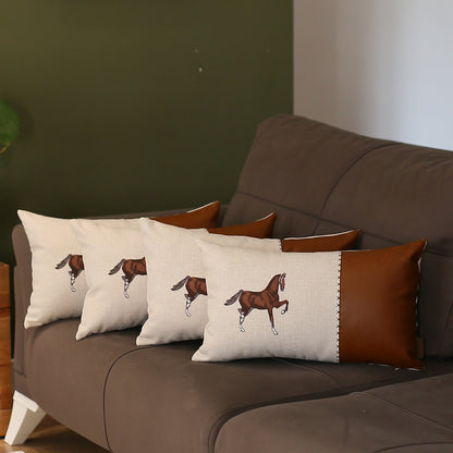 Boho Embroidered Horse Set of 4 Throw Pillow 12" x 20" Vegan Faux Leather Solid  Beige & Brown Lumbar for Couch, Bedding