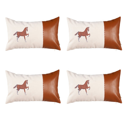 Boho Embroidered Horse Set of 4 Throw Pillow 12" x 20" Vegan Faux Leather Solid  Beige & Brown Lumbar for Couch, Bedding