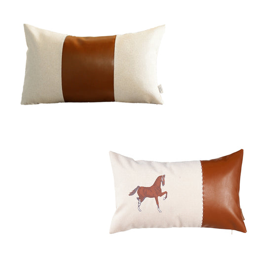 Country Embroidered Horse Boho Set of 2 Throw Pillow Cover 12" x 20" Vegan Faux Leather Solid Beige & Brown Square for Couch, Bedding