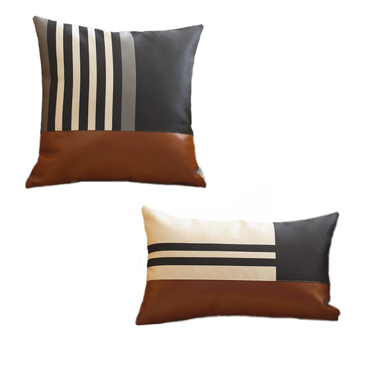 Boho-Chic Throw Pillow Cover Set 12" x 20" & 18" x 18" Faux Leather Geometric Brown & Black for Couch, Bedding