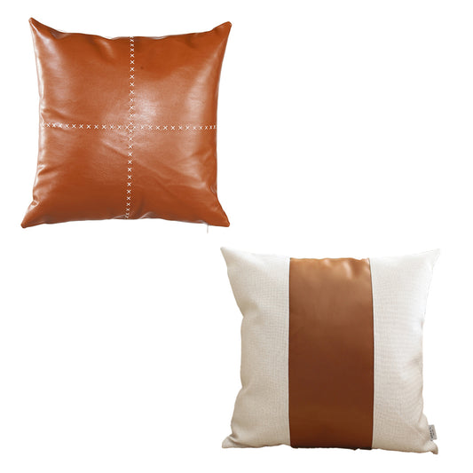 Country Embroidered Boho Set of 2 Throw Pillow Cover 18" x 18" Vegan Faux Leather Solid Beige & Brown Square for Couch, Bedding