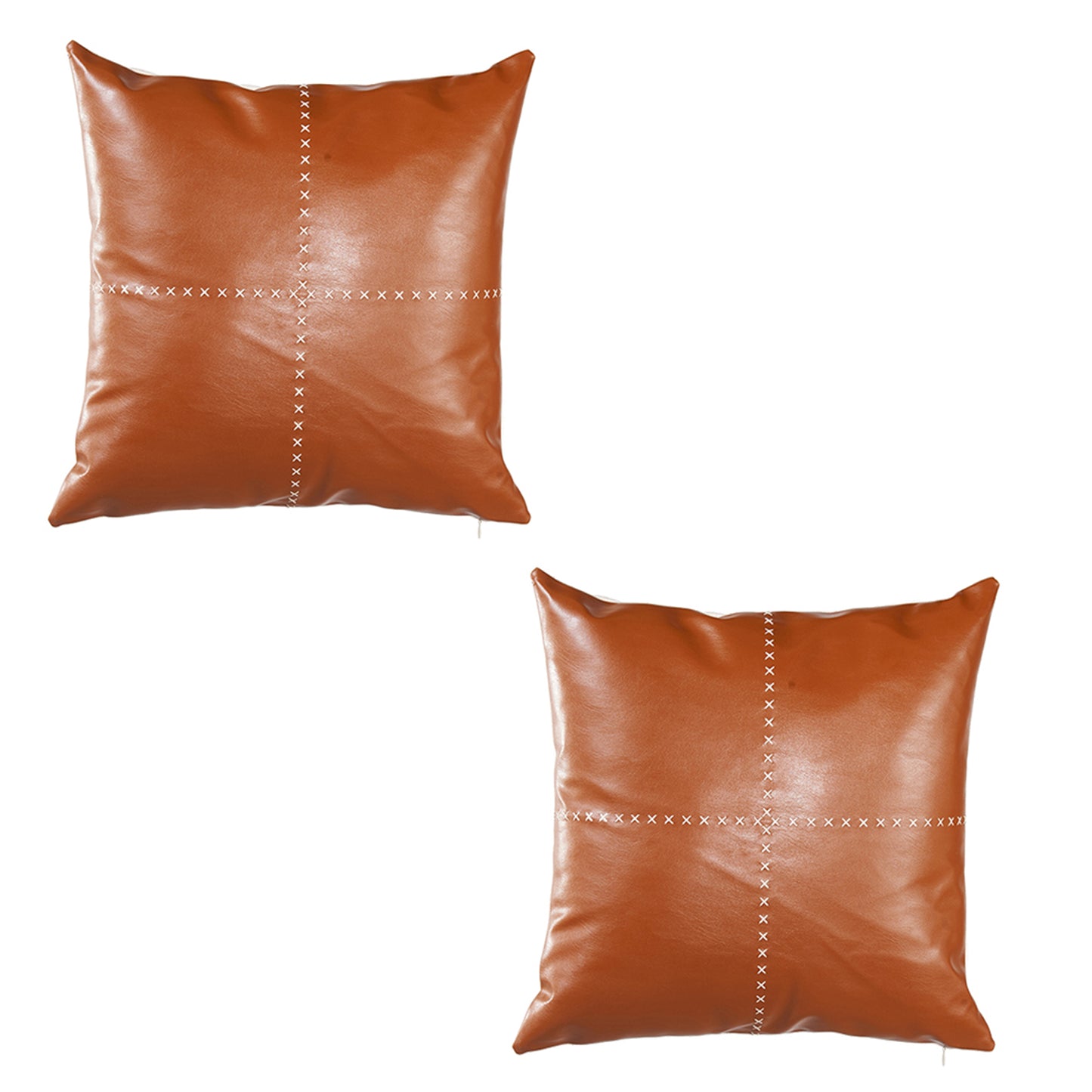 Country Embroidered Boho Set of 2 Throw Pillow Cover 18" x 18" Vegan Faux Leather Solid Brown & Beige Square for Couch, Bedding