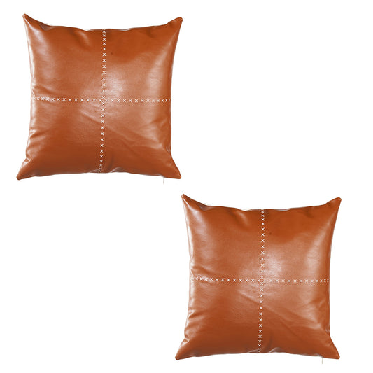 Country Embroidered Boho Set of 2 Throw Pillow Cover 18" x 18" Vegan Faux Leather Solid Brown & Beige Square for Couch, Bedding