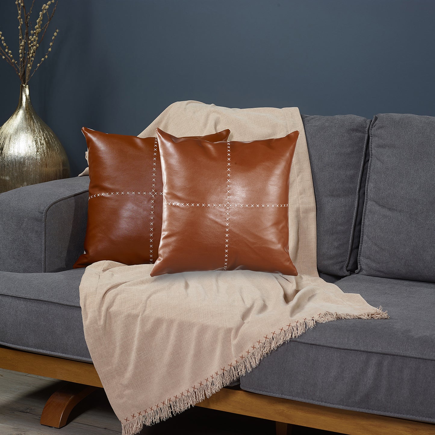 Country Embroidered Boho Set of 2 Throw Pillow Cover 18" x 18" Vegan Faux Leather Solid Brown & Beige Square for Couch, Bedding