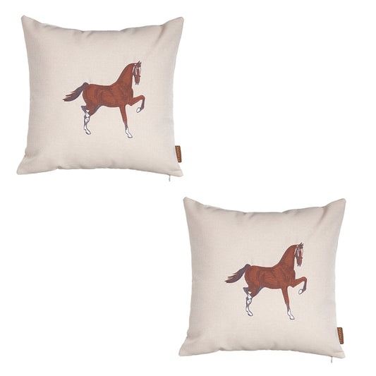 Country Embroidered Horse Boho Set of 2 Throw Pillow Cover 18" x 18" Solid Beige & Brown Square for Couch, Bedding