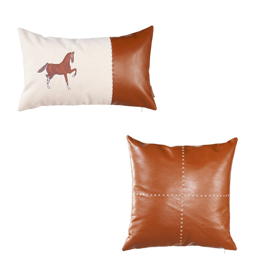 Country Embroidered Horse Boho Set of 2 Throw Pillow Cover 12" x 20" & 18" x 18" Vegan Faux Leather Solid Beige & Brown for Couch, Bedding