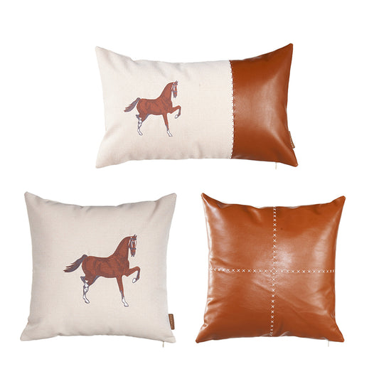 Country Embroidered Horse Boho Set of 3 Throw Pillow Cover 12" x 20" & 18" x 18" Vegan Faux Leather Solid Beige & Brown for Couch, Bedding