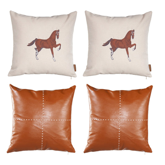 Country Embroidered Horse Boho Set of 4 Throw Pillow Cover 18" x 18" Vegan Faux Leather Solid Beige & Brown Square for Couch, Bedding