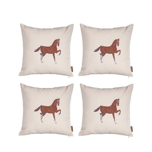 Country Embroidered Horse Boho Set of 4 Throw Pillow Cover 18" x 18" Solid Beige & Brown Square for Couch, Bedding