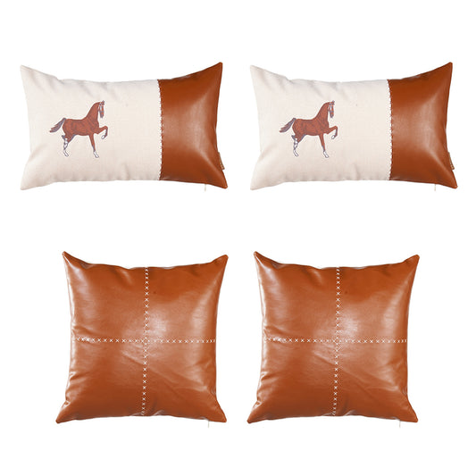 Country Embroidered Horse Boho Set of 4 Throw Pillow Cover 12" x 20" & 18" x 18" Vegan Faux Leather Solid Beige & Brown for Couch, Bedding