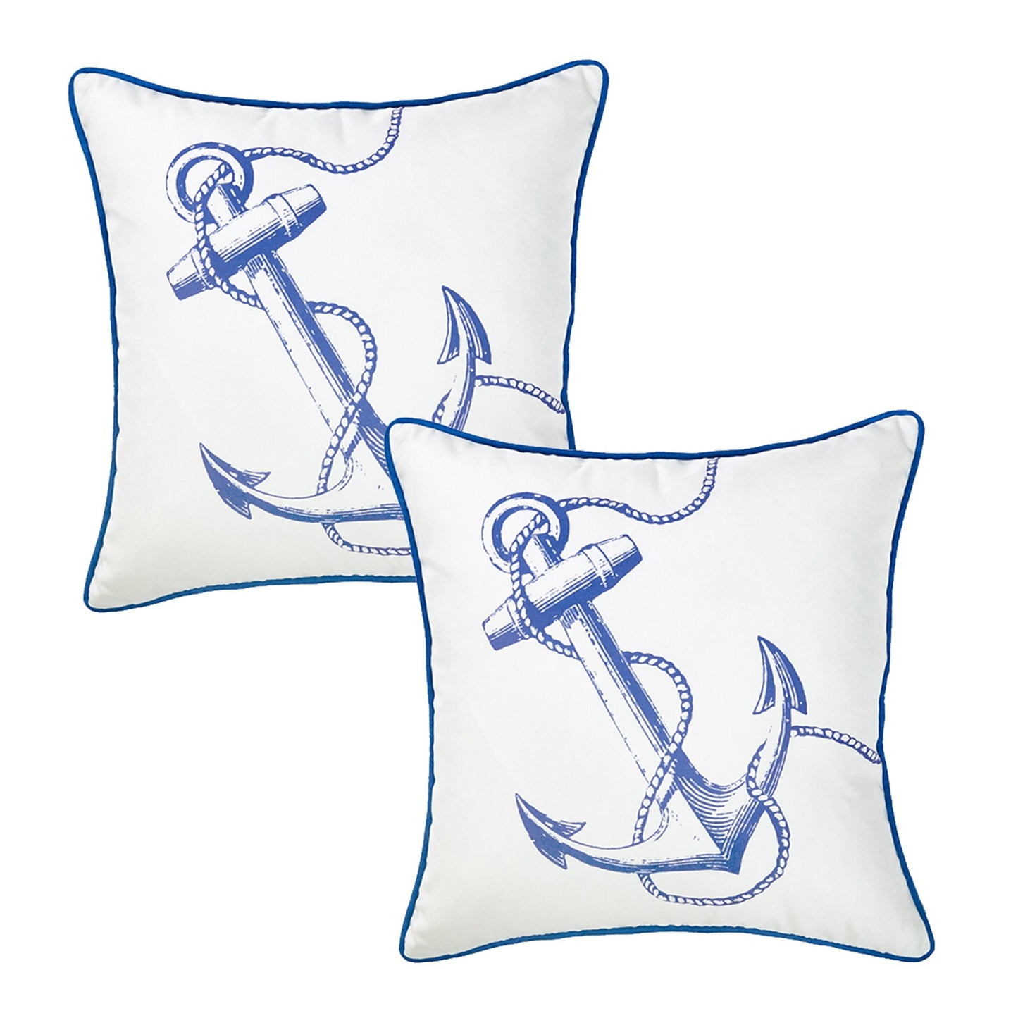 Nautical Coastal Decorative Set of 2 Throw Pillow Covers 18" x 18" Square White & Blue