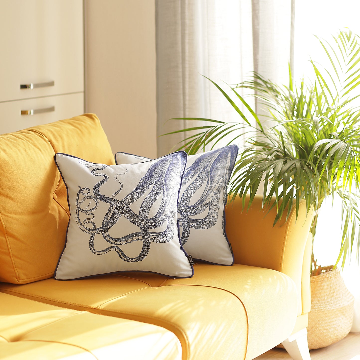 Nautical Coastal Decorative Set of 2 Throw Pillow Covers 18" x 18" Square White & Blue