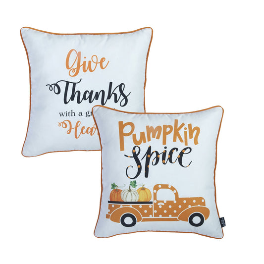 Decorative Fall Thanksgiving Throw Pillow Cover Set of 2 Pumpkin Truck & Quote 18" x 18" White & Orange Square for Couch, Bedding